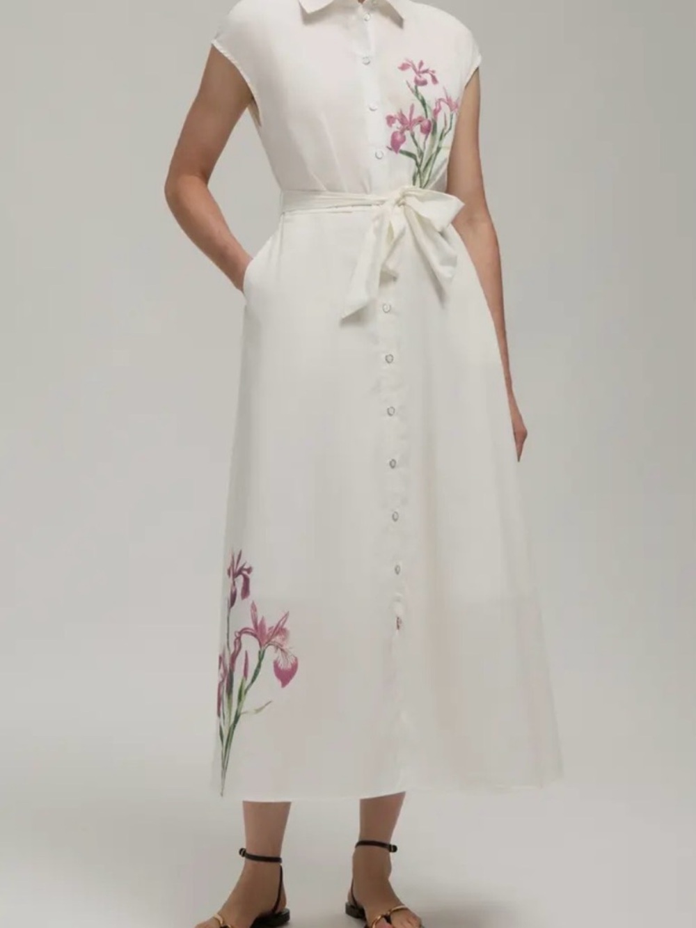 Hunter White Midi Shirt Dress with Pink Floral Embroidery